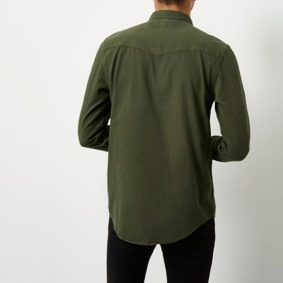 Khaki green twill casual western shirt